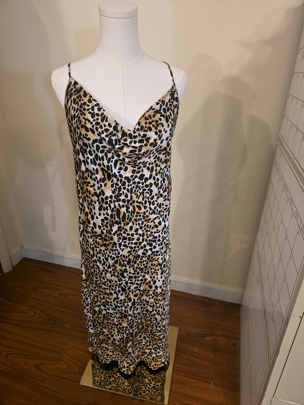 BCBG Satin Leopard-Print Maxi Slip Dress in Beige & Black